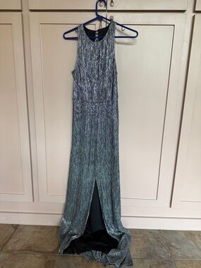 Metallic Pleated Wide-Leg Formal Dress - Silver